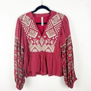 ANTHROPOLOGIE Keira Embroidered Peplum Hem Puff Long Sleeves Blouse, Size 8